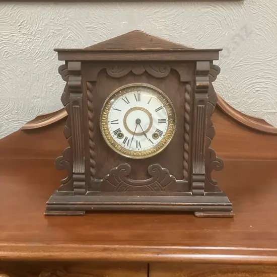 Antique Ansonia New York Wood Cased Eight Day Mantle Clock Patent Stamp June 18. 1882, Has Pendulum, No Key. 40 x 60cm