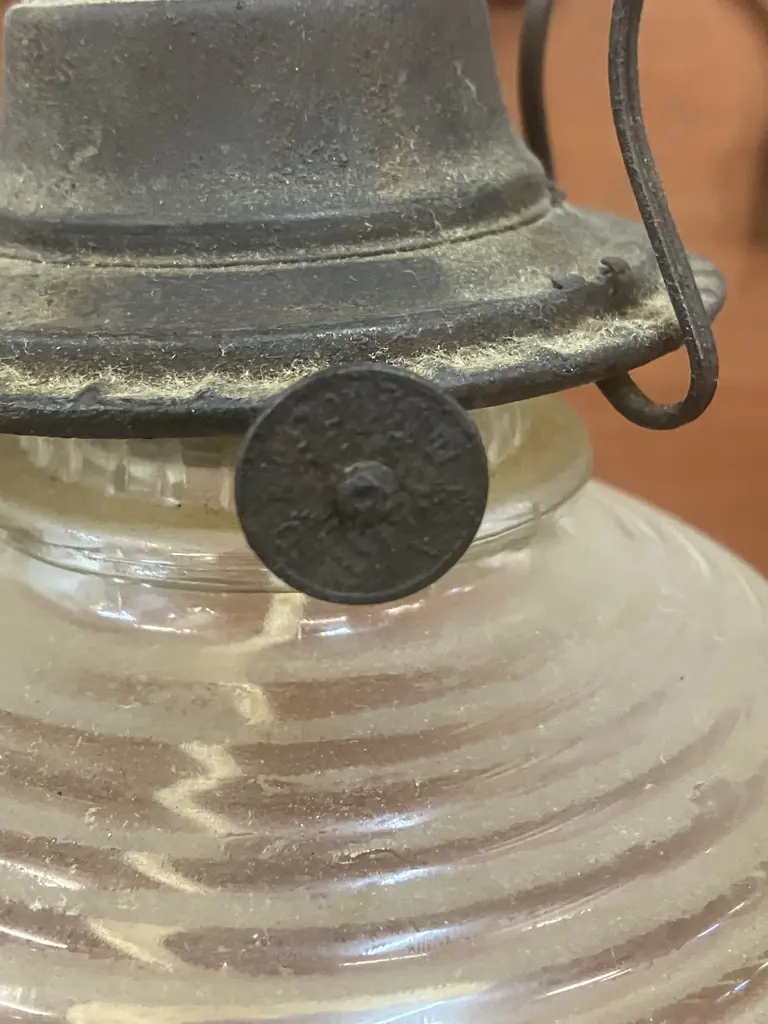 Plume & Atwood Ribbed Glass Hurricane Oil Lamp With Eagle Burner c1950s USA. H25cm Image 1++