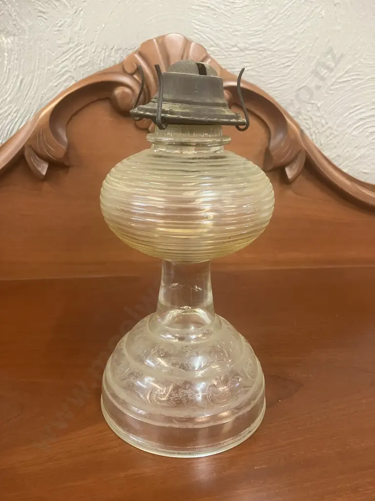 Plume & Atwood Ribbed Glass Hurricane Oil Lamp With Eagle Burner c1950s USA. H25cm Image 1++