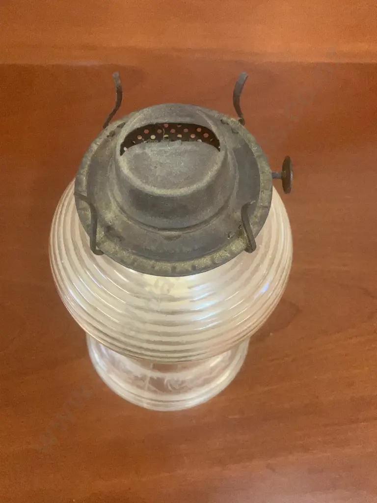 Plume & Atwood Ribbed Glass Hurricane Oil Lamp With Eagle Burner c1950s USA. H25cm Image 1++