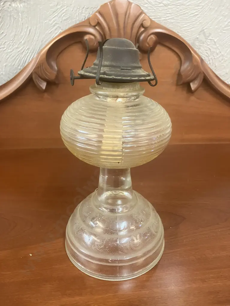 Plume & Atwood Ribbed Glass Hurricane Oil Lamp With Eagle Burner c1950s USA. H25cm Image 1++