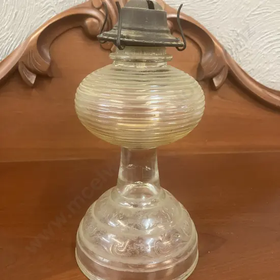 Plume & Atwood Ribbed Glass Hurricane Oil Lamp With Eagle Burner c1950s USA. H25cm