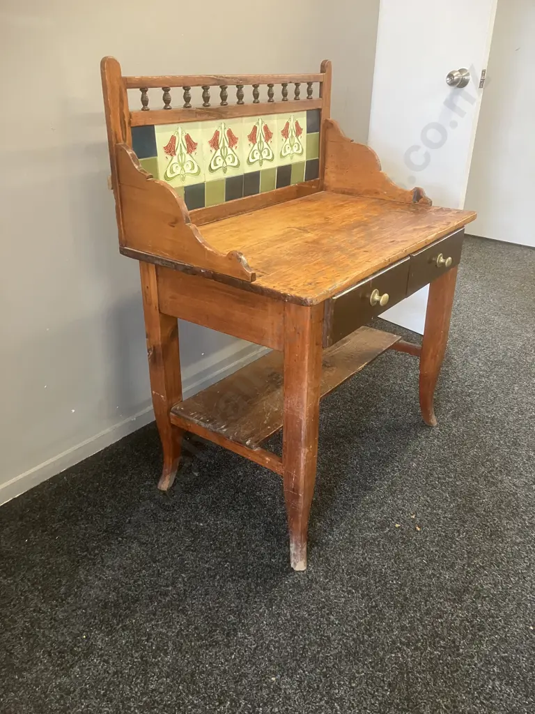 Victorian Pine Washstand, Art Nouveau Style Tiles, 2 Drawers. H111 W87 D54cm Image 1++