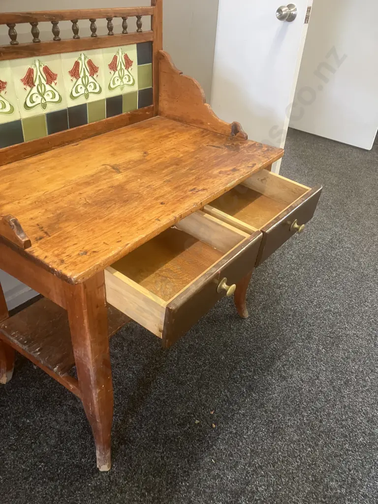 Victorian Pine Washstand, Art Nouveau Style Tiles, 2 Drawers. H111 W87 D54cm Image 1++