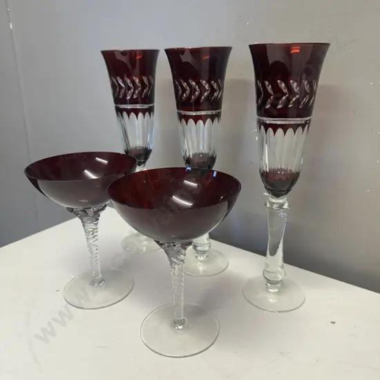 Ruby Red & Clear Glass Champagne Glasses