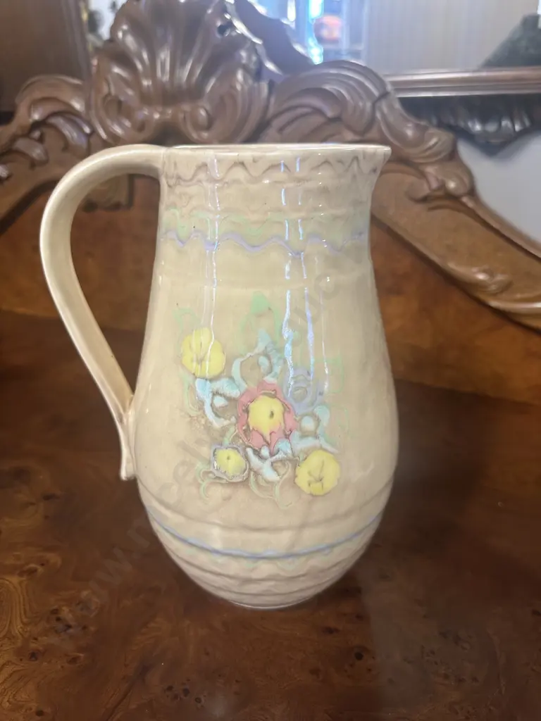 English Decorative Ceramic Pitcher Pastel Floral Wavy Line Patterns #355 Image 1++