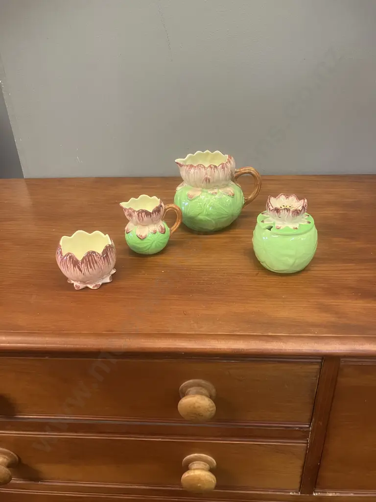 Shorter & Son (England) Water Lily Creamers, Sugar Bowl & Lidded Preserve Pot  c1930s Image 1++