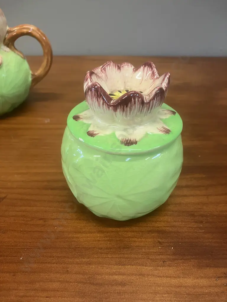 Shorter & Son (England) Water Lily Creamers, Sugar Bowl & Lidded Preserve Pot  c1930s Image 1++