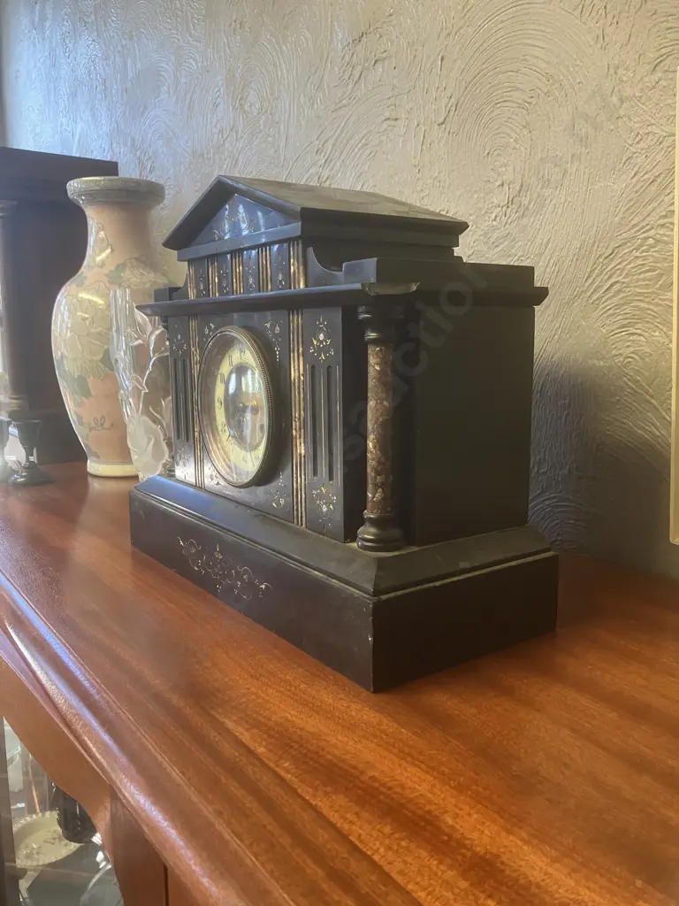 Antique 19th Century French Japy Freres Black Slate Mantel Clock. Paris Medaille d’Honneur. With Pendulum, No Key Image 1++