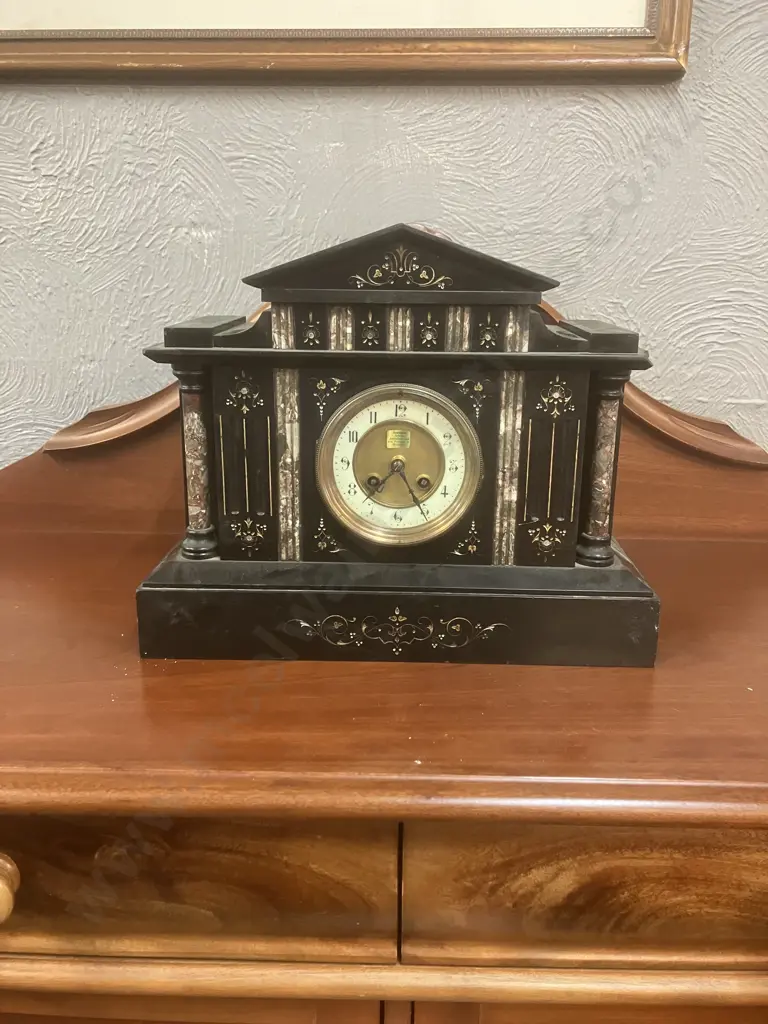 Antique 19th Century French Japy Freres Black Slate Mantel Clock. Paris Medaille d’Honneur. With Pendulum, No Key Image 1++