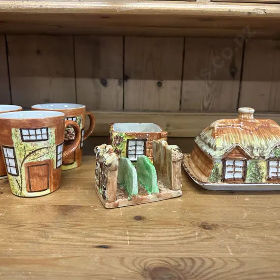 Selection Of Vintage Price Kensington 'Ye Olde Cottage' Covered Butter Dish, Coffee Mugs x3 & Toast Rack         
