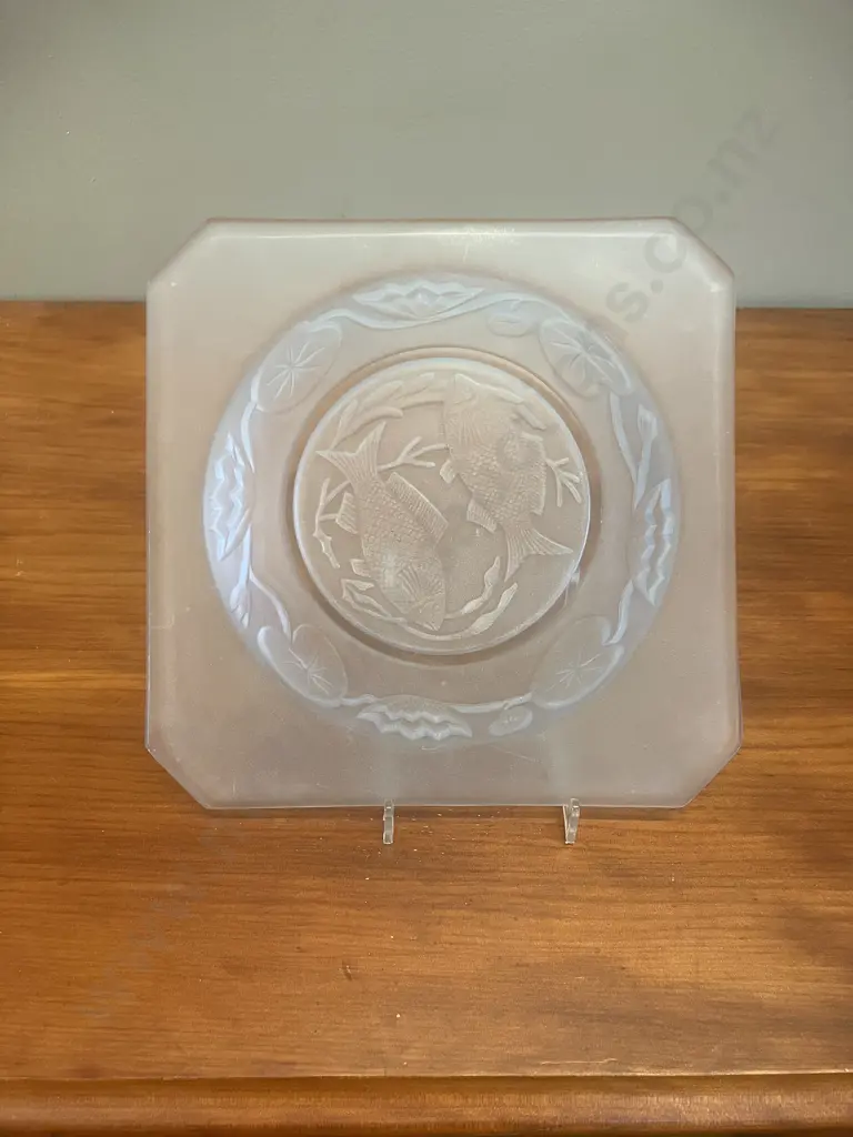Art Deco Bagley Fish Pattern Glass Plate - Impressed Fishes & Lily Pads c1930s. 23 x 23cm Image 1++