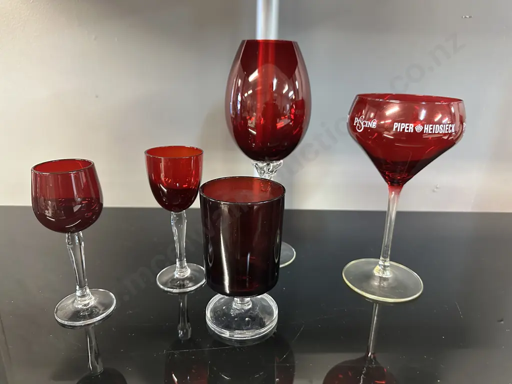 Assorted Vintage Ruby Red & Clear Footed Glasses including Piper Heidsieck Image 1++