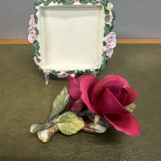 Capodimonte Porcelain Rose & Square Floral Edged Dish
