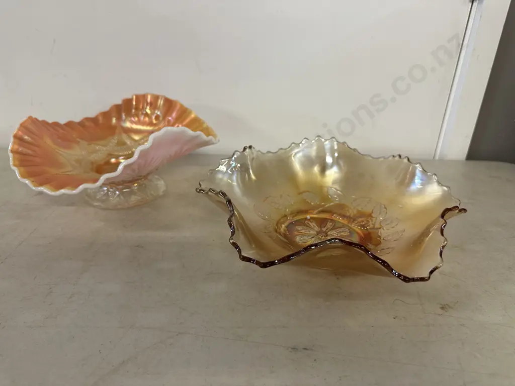 Antique Dugan Carnival Glass Ski Star Peach Opal Banana Boat & Cosmos Variant 6-Ruffel Bowl, Early 1900s. 10x21, 7x25cm Image 1++