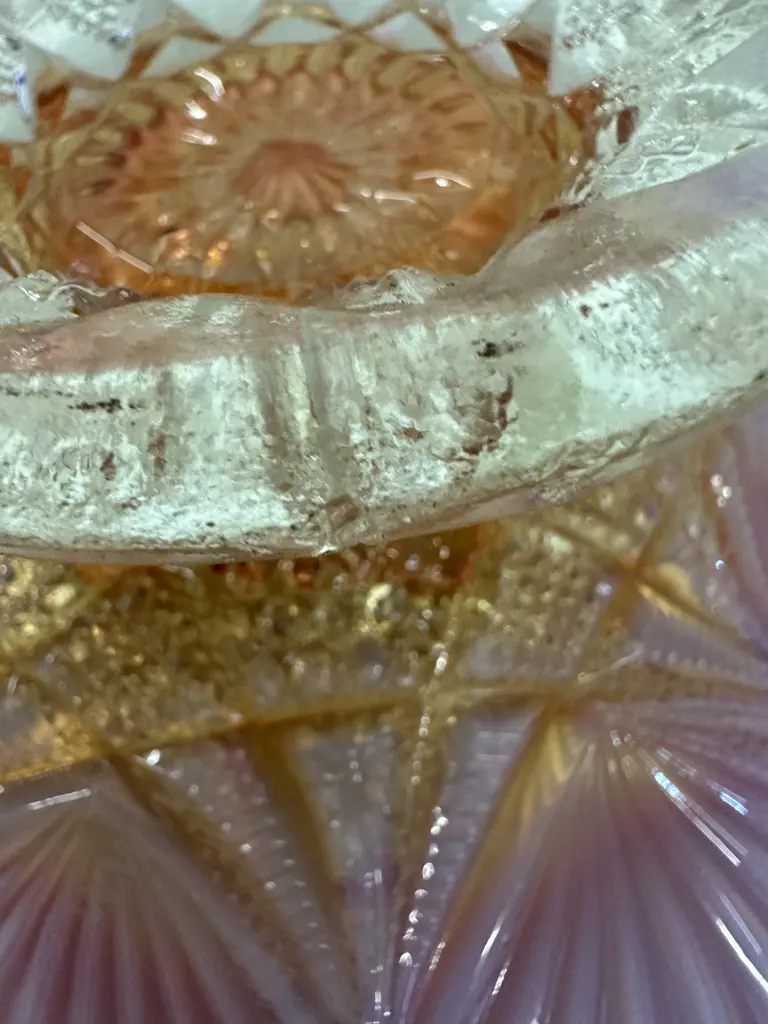 Antique Dugan Carnival Glass Ski Star Peach Opal Banana Boat & Cosmos Variant 6-Ruffel Bowl, Early 1900s. 10x21, 7x25cm Image 1++