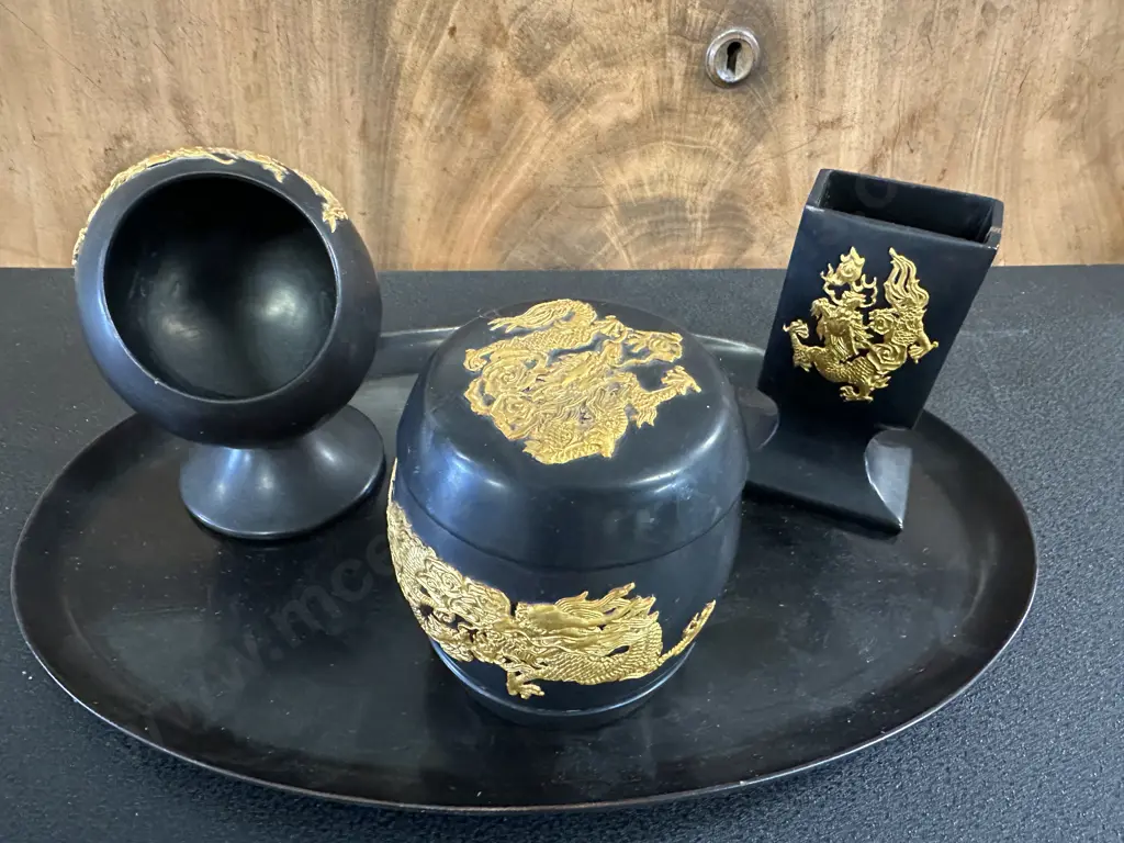 Vintage Oriental Black With Gilded Desk Set Image 1++