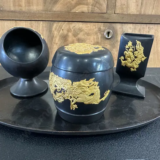 Vintage Oriental Black With Gilded Desk Set