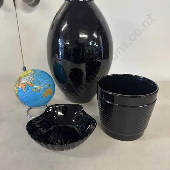 Black Vase, Planter, Shell Dish & Miniature Desktop World Globe On Metal Stand