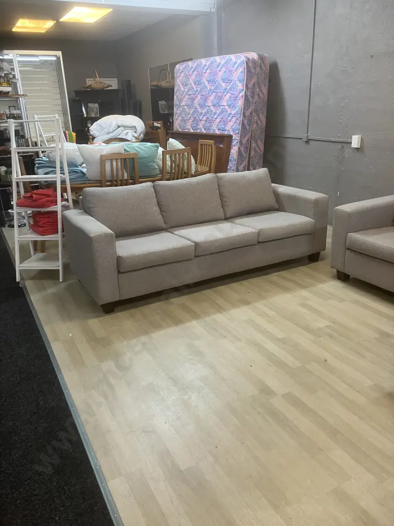 Lounge Suite - 3 Seater + 2 Seater With Ottoman In Grey Fabric Image 1++