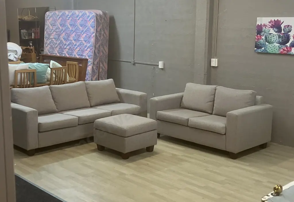 Lounge Suite - 3 Seater + 2 Seater With Ottoman In Grey Fabric Image 1++