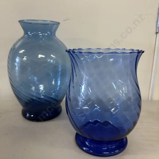 Vintage Colbalt Blue Art Glass Vases Swirl Design