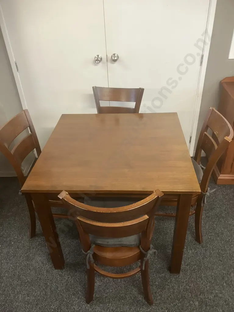 Dark Stained Wooden Dining Table (H76 W89.5 D90cm) With Four Curved Back Chairs With Black Fabric Seat Cushions Image 1++