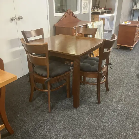 Dark Stained Wooden Dining Table (H76 W89.5 D90cm) With Four Curved Back Chairs With Black Fabric Seat Cushions