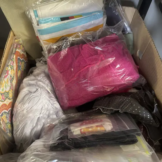 Box Lot Of Assorted Including Cushion, Fabric Etc