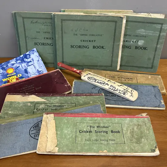 Vintage Cricket Memorabilia Including Scoring Books, Bat Etc