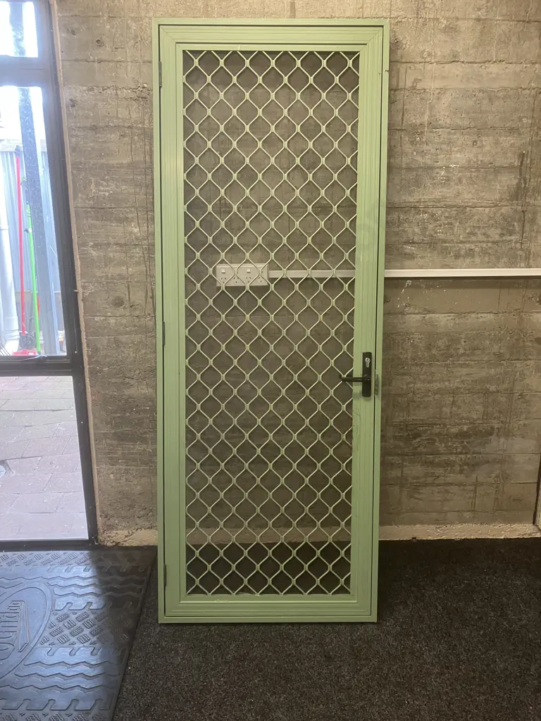 Screen Door - Green Aluminum Frame. H203 W77 D8cm (No Key, Screen Needs Repair) Image 1++