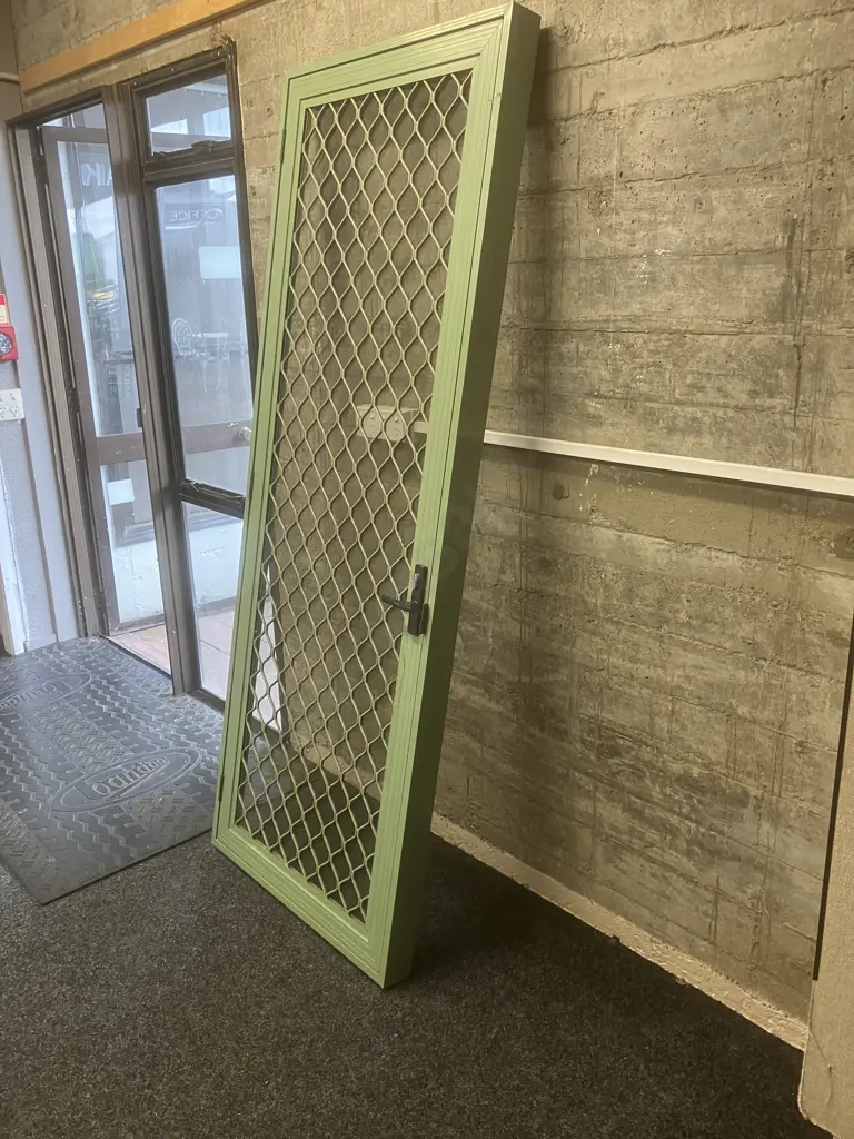 Screen Door - Green Aluminum Frame. H203 W77 D8cm (No Key, Screen Needs Repair) Image 1++