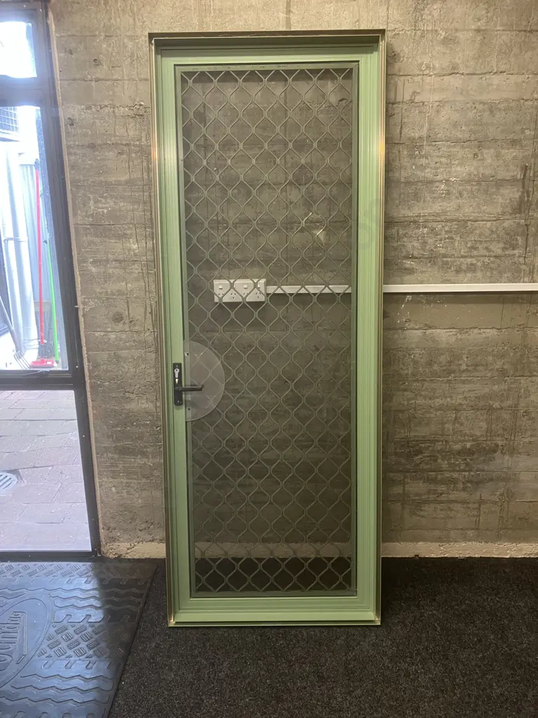 Screen Door - Green Aluminum Frame. H203 W77 D8cm (No Key, Screen Needs Repair) Image 1++