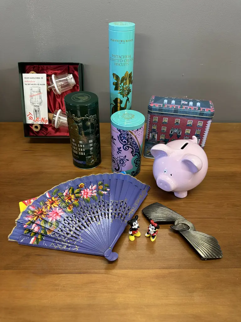 Vintage Items Including Tins, Fan, Tip A Nip, Money Box Etc Image 1++