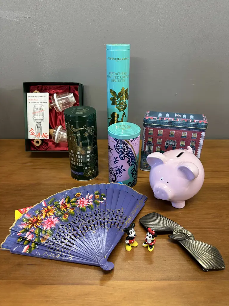 Vintage Items Including Tins, Fan, Tip A Nip, Money Box Etc Image 1++