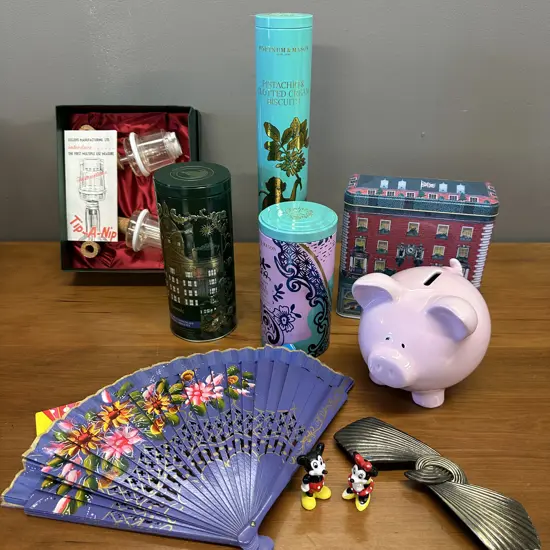Vintage Items Including Tins, Fan, Tip A Nip, Money Box Etc