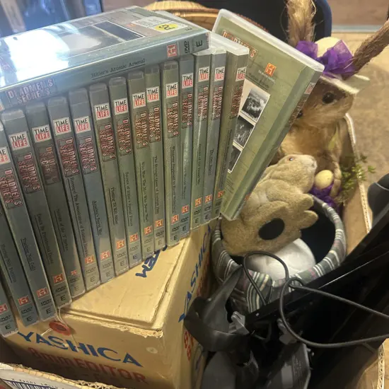 Box Lot Of Vintage Items Including Dvds, Yashica 8mm Editor Etc