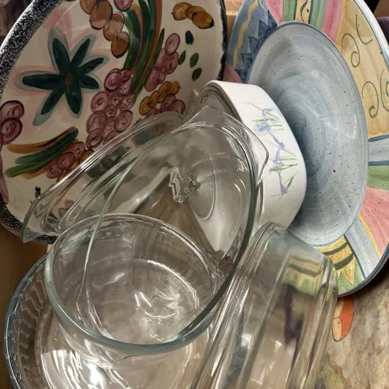 Box Lot Of Platters, Glass Cook Ware Etc