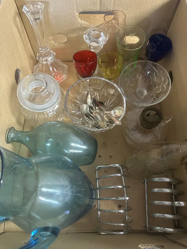 Box Lot Of Glassware Items Including Blue Glass Etched Pitcher, Vase Etc Image 1++