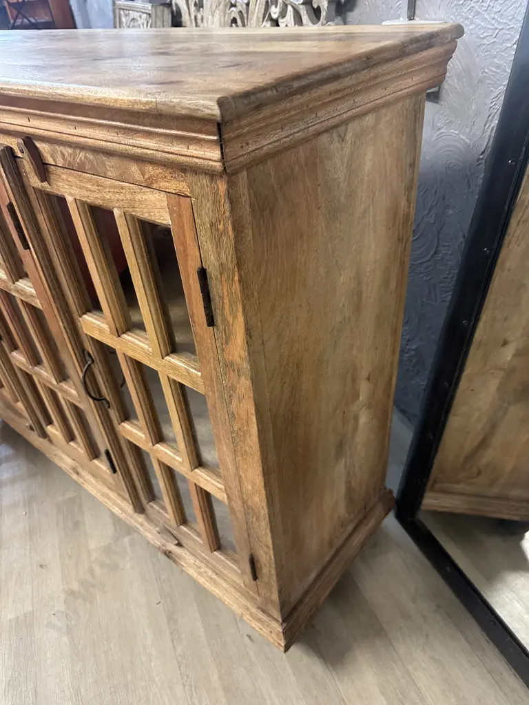 Rustic Wooden Sideboard With Three 9 Glass Panel Doors. H108 W136 D46cm Image 1++