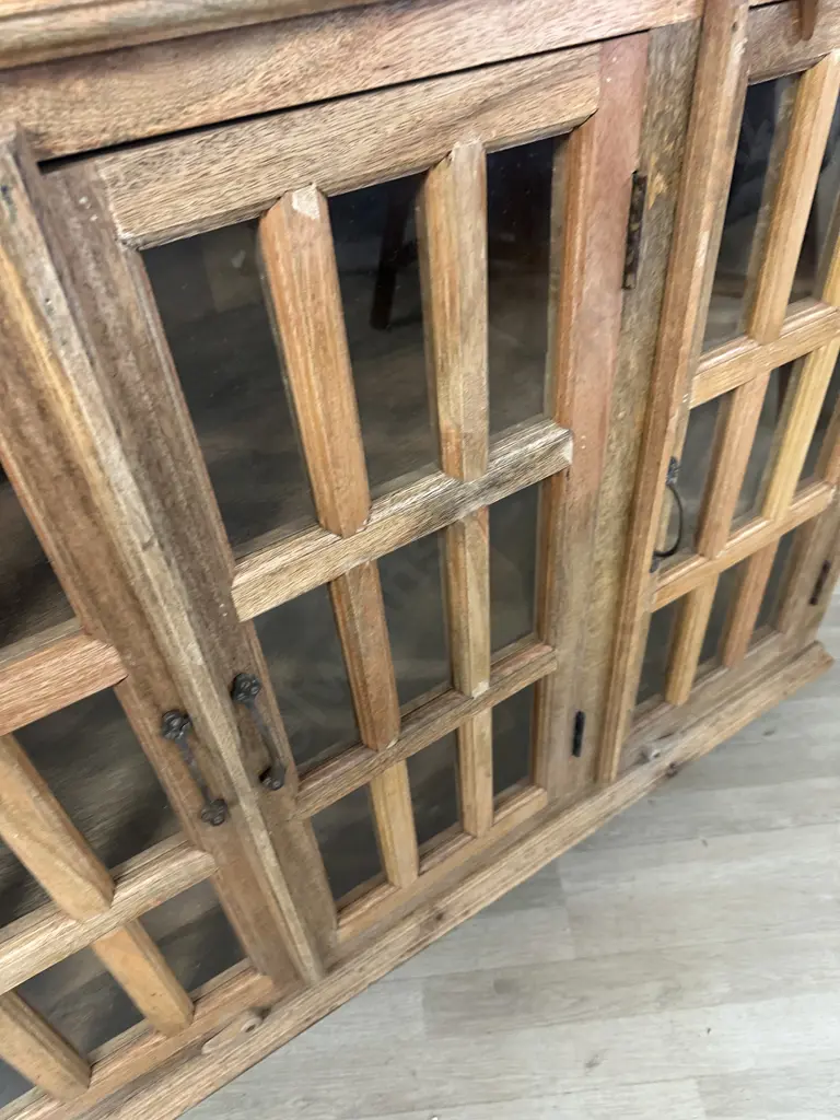 Rustic Wooden Sideboard With Three 9 Glass Panel Doors. H108 W136 D46cm Image 1++