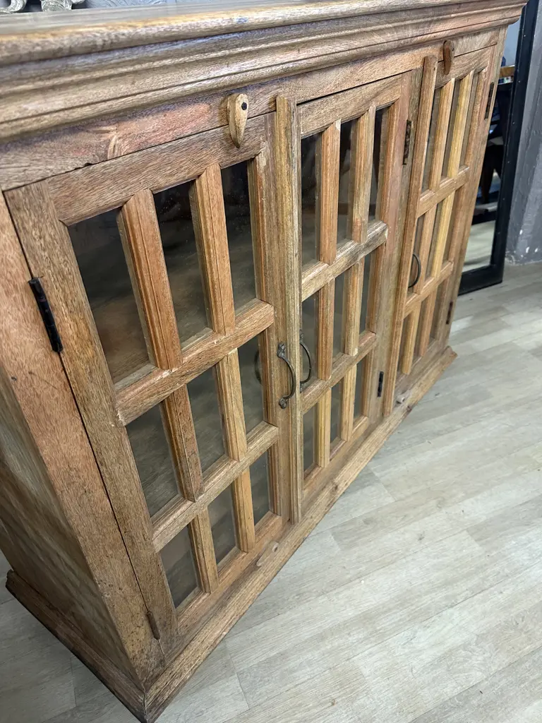 Rustic Wooden Sideboard With Three 9 Glass Panel Doors. H108 W136 D46cm Image 1++