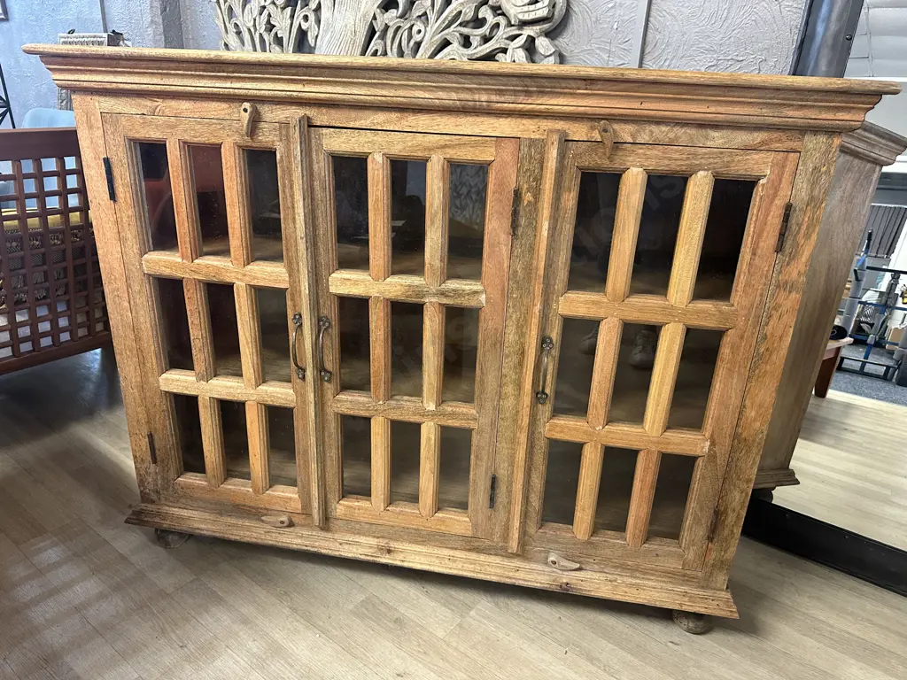 Rustic Wooden Sideboard With Three 9 Glass Panel Doors. H108 W136 D46cm Image 1++
