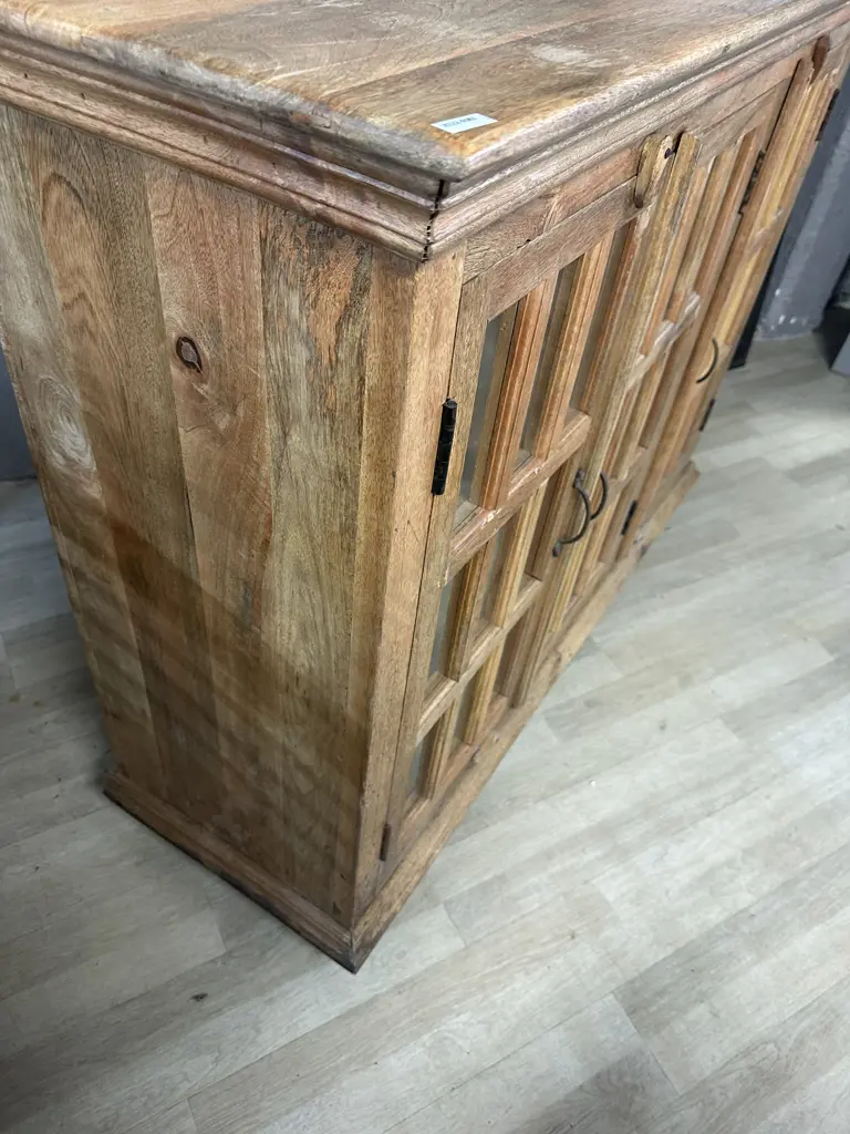 Rustic Wooden Sideboard With Three 9 Glass Panel Doors. H108 W136 D46cm Image 1++