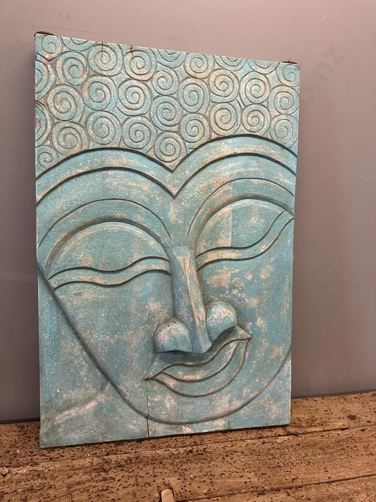 Buddha Panel - Antique Blue, Steel Hanging Rings. H92 W61.5 D5cm Image 1++