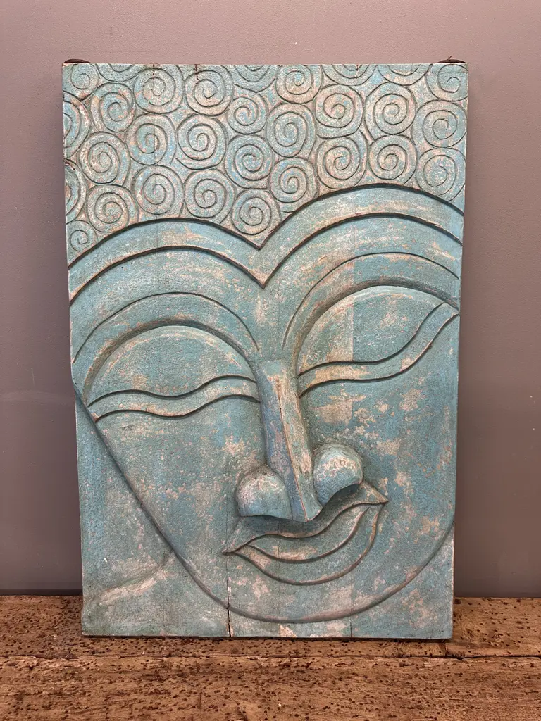 Buddha Panel - Antique Blue, Steel Hanging Rings. H92 W61.5 D5cm Image 1++