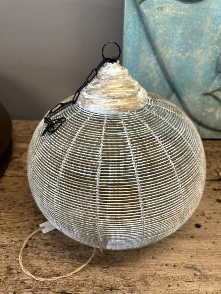 Round Wire Whitewash Hanging Lamp Shade (Unwired). 33 x 32cm Image 1++