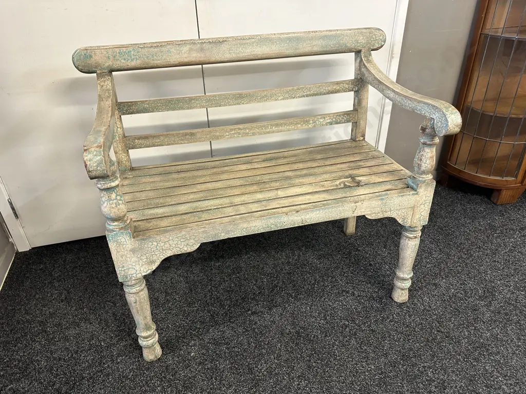 Rustic Wooden Bench Seat With Weathered Finish H85,W105,D57cm. Image 1++
