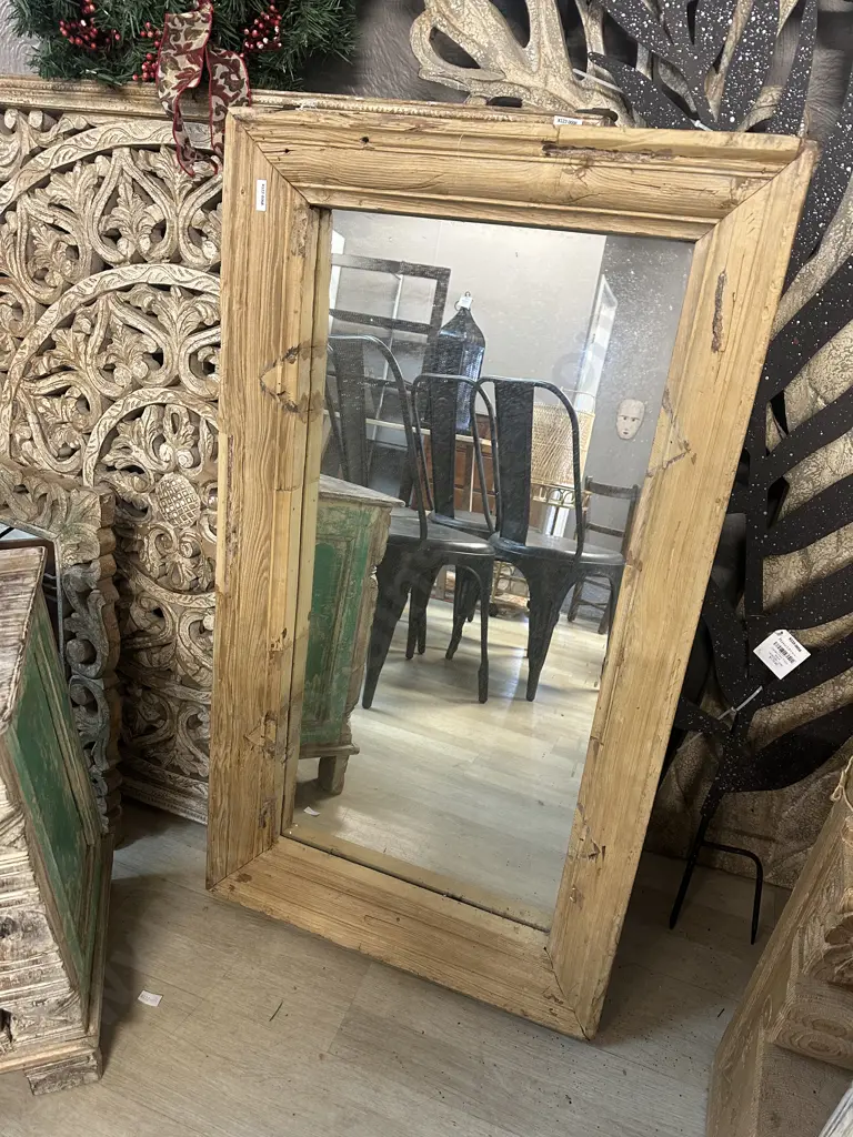 Reclaimed Vintage Wood Wall Mirror With Steel Rings. H107 W60 D10.5cm Image 1++