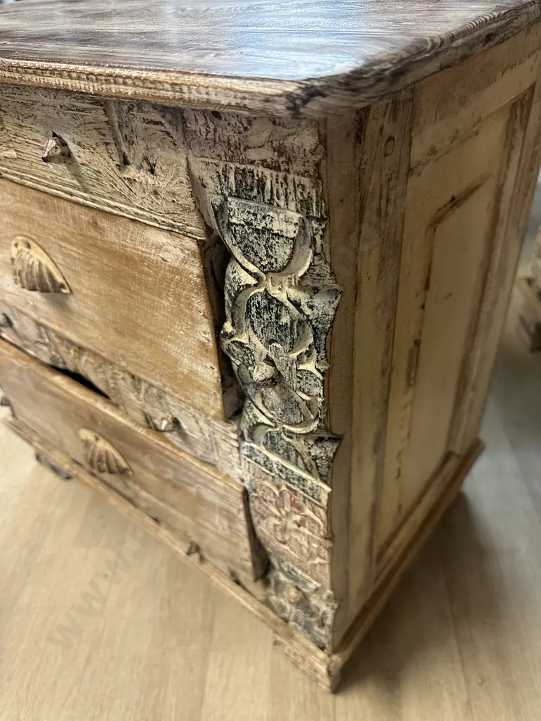 Vintage Indian Handcrafted Mango Wood 2 Drawer Bedside. H60 W62 D37cm Image 1++